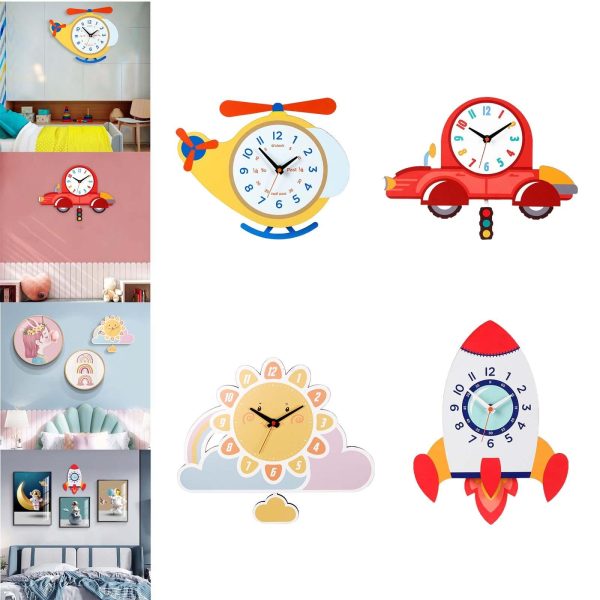 Cartoon Wall Clock with Pendulum Wooden Decorative Clock for School Nursery Plane Online Sale